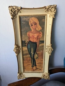 Vintage MCM Big Eyed Harlekin Mädchen Seemann gerahmt 1960er Jahre Kunst blau Hut Outfit USA SELTEN - Bild 1 von 8