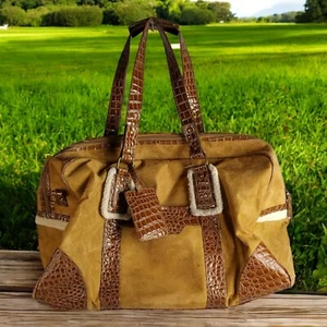 BATH & BODY WORKS Brown Faux Croc Patent Shearling Overnight Duffle Bag - Picture 1 of 24