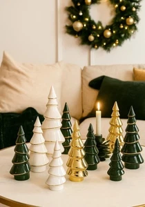 3 STK Tannenbäume Steingut b881 Weiss Gold dunkelgrün Silouette Xmas 11cm Baum - Bild 1 von 2