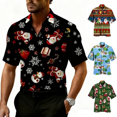 Mens Christmas Short Sleeve Polo T-Shirt 3D Xmas Shirt Elk Hawaii Party Tee Tops - image 1 of 4