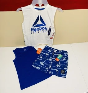 Boys 3-Piece Short Set Tropical Shorts SZ 4 & 2 Tank Tops SZ 4/5 Blue & White - Picture 1 of 13