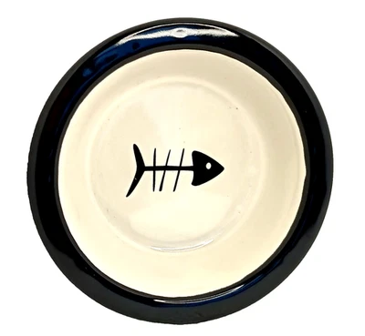 Whisker City Kitty Pet Bowl Black Fish Bones Cream Center Cat Dish 4.5" Ceramic - Image 1 of 4