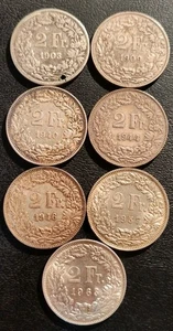 Switzerland, 7 Piece Lot Of Silver Bullion 2 Franc Coins. - Picture 1 of 7