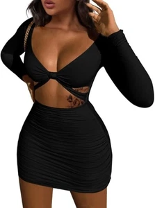 Sexy Mini Vestido XXTAXN Bodycon Cuello en V Profundo Manga Larga Recortado Club Negro Talla S - Imagen 1 de 9