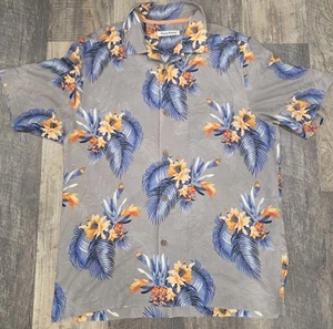 Tommy Bahama Shirt Men Large Gray Floral 100% Silk Hawaiian Button Up Beach - Picture 1 of 3