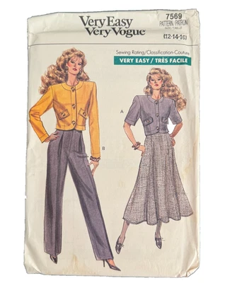 7569 Vogue Misses 1980s Very Easy Sewing Pattern JACKET SKIRT PANTS Sz 12 14 16 - Image 1 of 2