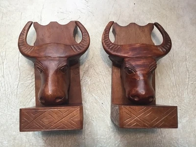 VTG Set Hand Carved Wooden Brown Water Buffalo Bookends Sculptures Philippines - Image 1 of 4