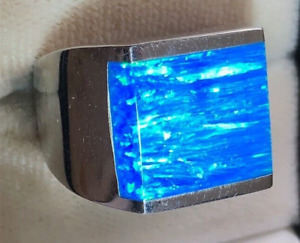 Men's 13 Vivid Navy-Blue Fire Flaming Opal ring sterling silver prototype 22g