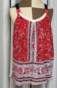 Jolt Tank Top Large Red Blues Multicolor Boho Hippie Crochet Lace Trim Festival - Picture 1 of 13