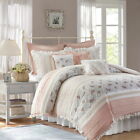 Blush Pink Gray Grey Paisley Lace Pintuck 9 pc Comforter Set Queen Cal King Bed