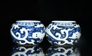 3,3" Ming Dynastie Xuande Mark blau weiß Porzellan Paar geschnitzt Drachen Muster Topf - Bild 1 von 9