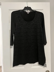 Peter Nygard Plus Size 1X Silky Black Top With Lace Front - Picture 1 of 5
