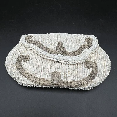 复古奶油色和灰褐色微型玻璃种子珠皮带钱包比利时制造 5 1/4 — 第 1/4 张图片