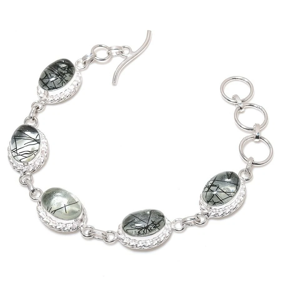 Black Rutilated Quartz Gemstone 925 Sterling Silver Jewelry Bracelet Size 7-8" - Image 1 of 1