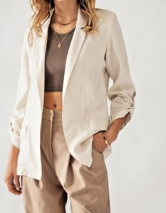 Linen Open Front Blazer, Roll Tab Sleeves in Spring Natural/ Size Medium - Picture 1 of 3
