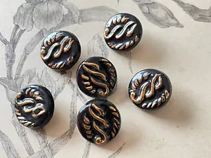 Ensemble de 6 boutons anciens en céramique - Noir & Doré - Années 50 - Picture 1 of 2