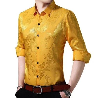 Мужская рубашка с принтом на пуговицах лацканах с длинным рукавом тонкие топы повседневные рубашки для официальных приемов 2025 - Изображение 1 из 4