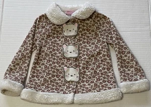 Leopard Print W/Cats Button Up Faux Fur Trim Sweater Girls White/Pink 4T - Picture 1 of 12