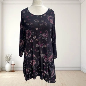 Roman Black Purple Floral Relaxed Fit Tunic Size 12 - Picture 1 of 2