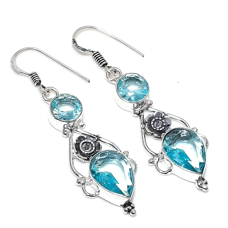 Aquamarine Gemstone Handmade 925 Sterling Silver Jewelry Earring Size 2" - Image 1 of 1