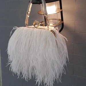 Luxury Ostrich Feather Bag Metal Chain Handbag Women's Evening Clutch Bag Purse - Picture 1 of 24