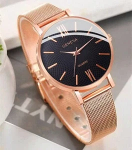 Ladies Women Quartz Watch with Mesh Strap. Rose Gold Strap Black Face UK - Picture 1 of 4