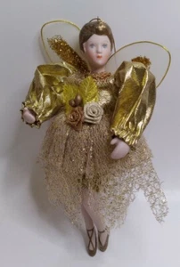 Vintage Porcelain Ballerina Angel Doll Christmas Ornament Gold Lace Dress 7" - Picture 1 of 7