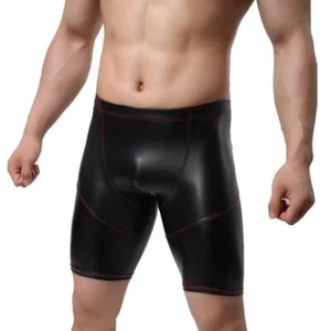 Mens Black Faux Leather Stretch Shorts Half Pants Wet-Look Shiny Gym Tights - Picture 1 of 7
