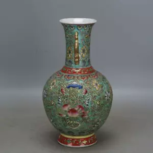 Vaso pesca fiori Qing Qianlong porcellana rosa famiglia verde cinese 9,96" - Foto 1 di 7