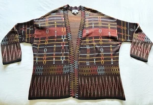 Peruvian Connection Open Front Cardigan Sweater Size L Pima Cotton Brown Aqua - Picture 1 of 10