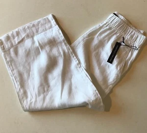 Tahari Essentials 100% Linen White Wide Leg Elastic Waist Cropped Pants L NWT - Picture 1 of 8