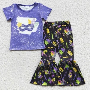 Happy Mardi Gras Baby Girls Set Bell Bottom Pants Boutique Outfit Holiday - Picture 1 of 8