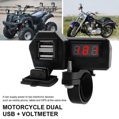 12V Waterproof Motorcycle Handlebar Dual USB Charger Socket with LED Voltmeter Foto 1 de 4