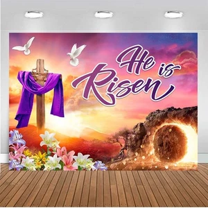7X5FT Easter Banner He is Risen Backdrop Easter Decorations Banner Background - Picture 1 of 7