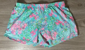 Lilly Pulitzer Luxletic Lined Athletic Shorts Ocean Trail Best Fishes Womens L - Picture 1 of 10
