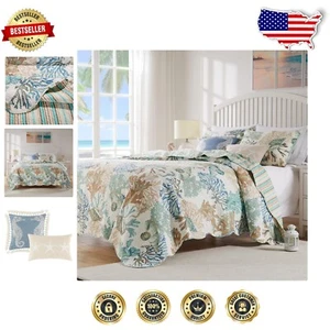 4-Piece Jade Twin/XL Quilt Set - Reversible Coastal Bedding with Pillows - Picture 1 of 7