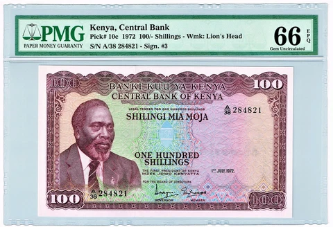 Kenya: Central Bank 100 Shillings 1.7.1972 Pick 10c PMG Gem Uncirculated 66 EPQ Cover