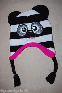 Girls Knit Critter Hat PANDA BEAR Glitter Eyes BLACK WHITE Pink Inside - Picture 1 of 1