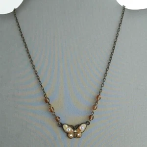 Robert Rose Butterfly Necklace Rhinestones Glass Beads Antique Gold 14" - 16" - Picture 1 of 9
