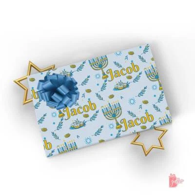 Name Personalized Gift Wrapping Paper Roll Adorable Hanukkah Jewish Gift Wrap - Image 1 of 4
