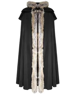 Punk Rave Mens Cloak Coat Jacket Black Hooded Fur Gothic Steampunk VTG Regency - Picture 1 of 12