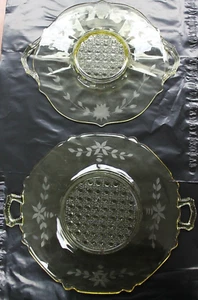 Vintage 1930s Yellow Depression Glass Handled Cake Tray, Etched Flower 9" $& 10 - Picture 1 of 4
