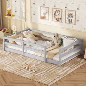 Twin Size Floor Bed, Montessori Floor Bed with Fence, Kids Montessori Bed Twin S - Picture 1 of 12