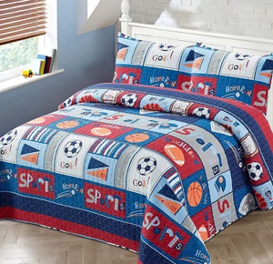 Bedspread Set Sports for Boys/Kids Baseball Basketball Soccer Ball Football Hock - Picture 1 of 12