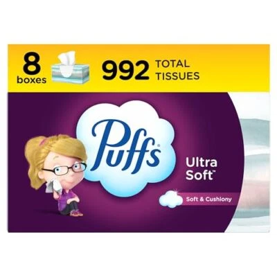 Puffs Ultra Soft Facial Tissues 124 Count Pack Of 8 Family Boxes Sensitive Skin