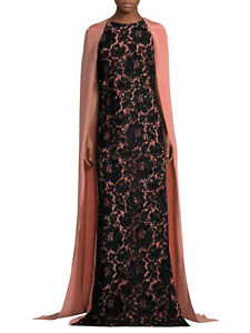 New Oscar de la Renta Peach Black Lace Embroidery Cape Caftan Gown XS S