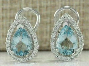 4.00 Ct Pear Cut Simulated Aquamarine Halo Stud Earrings 14K White Gold Finish - Picture 1 of 4