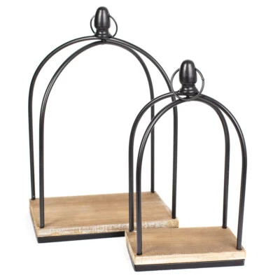 Set of 2 Assorted Sized Tall Wood Bottom Iron Frame Lantern Candle Holders - Image 1 of 4
