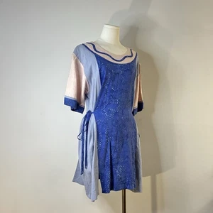 80s 90s Baby Pink Blue Tunic Top Wavy Neckline Side Ties Cottagecore 38-44 Bust - Picture 1 of 7