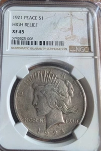 1921 P Peace Silver Dollar  - HIGH RELIEF - NGC XF 45  - Picture 1 of 2